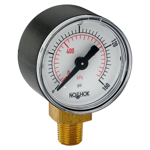 Dry Pressure Gauge, 0 to 100 psi psi, 1-1/2 in Dial, 1/8 in NPT, Back Location, Steel Case Material